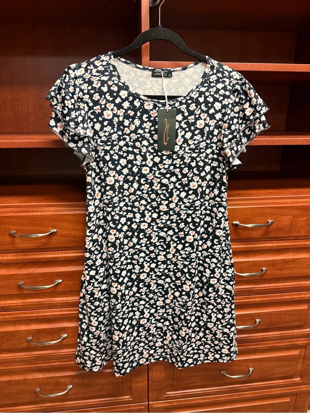 NEW Black Floral Ruffle Sleeve Tunic Dress w/Pockets